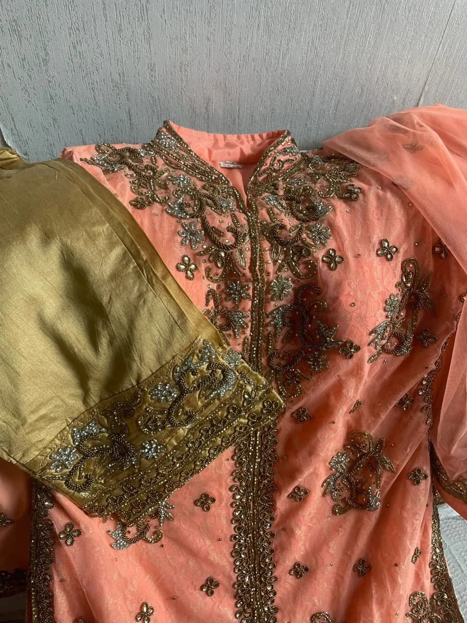 Elegant peach and gold embroidered asian dress — image 1