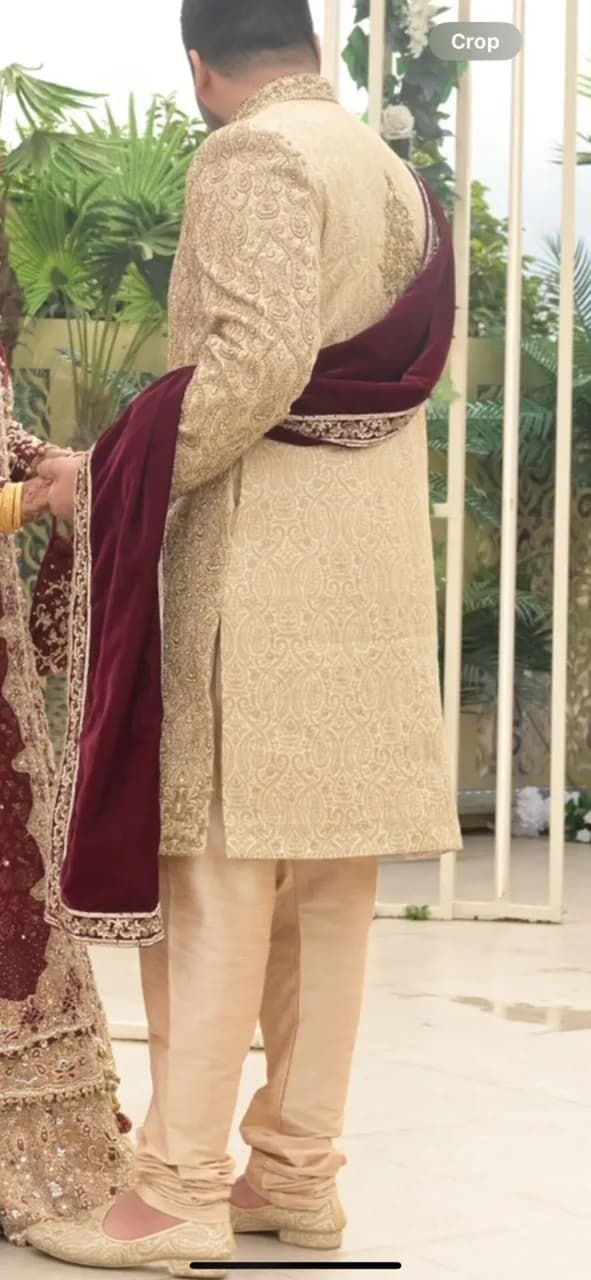 men’s gold and red wedding sherwani — image 1