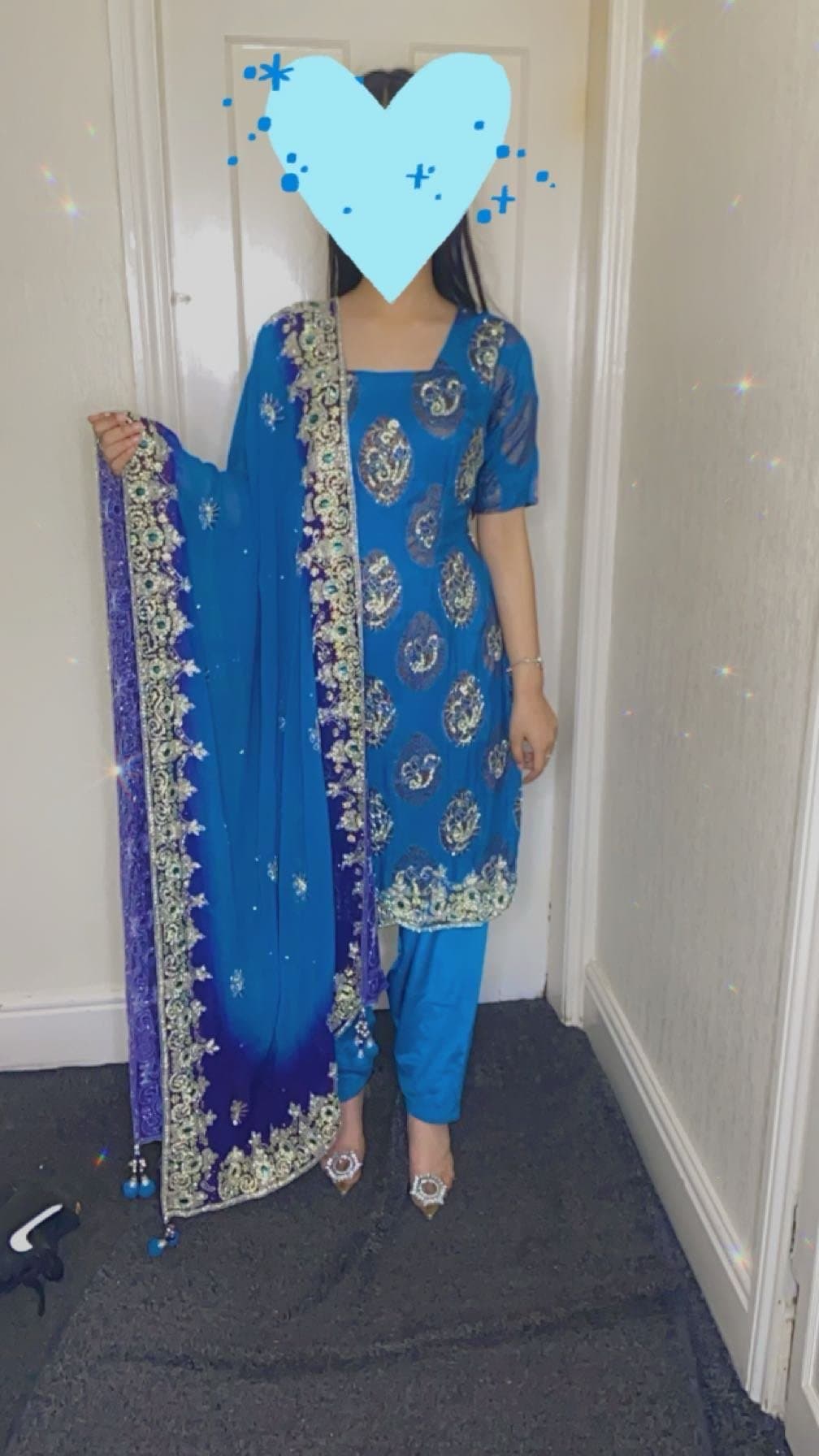 heavily embroidered blue scarf suit — image 1