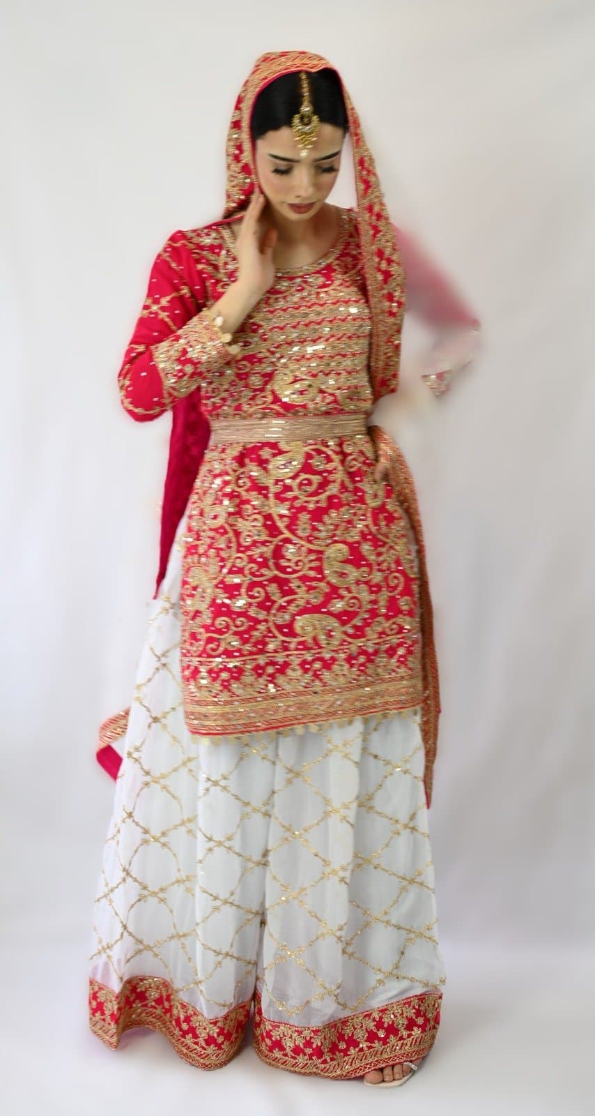 vibrant Pink top with heavy Gold embroidery