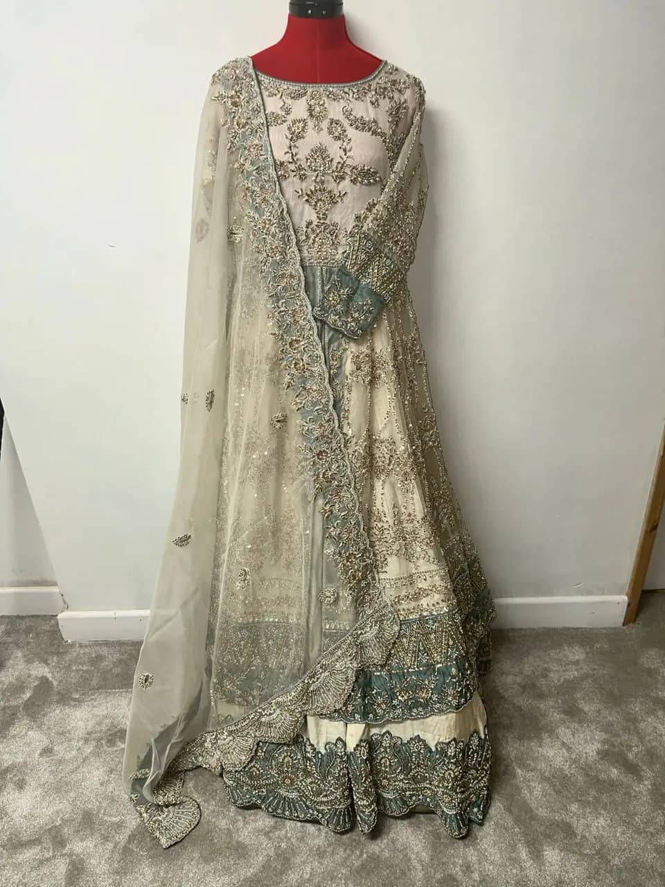 Pakistani lehenga (cream and sage) perfect for weddings — image 1