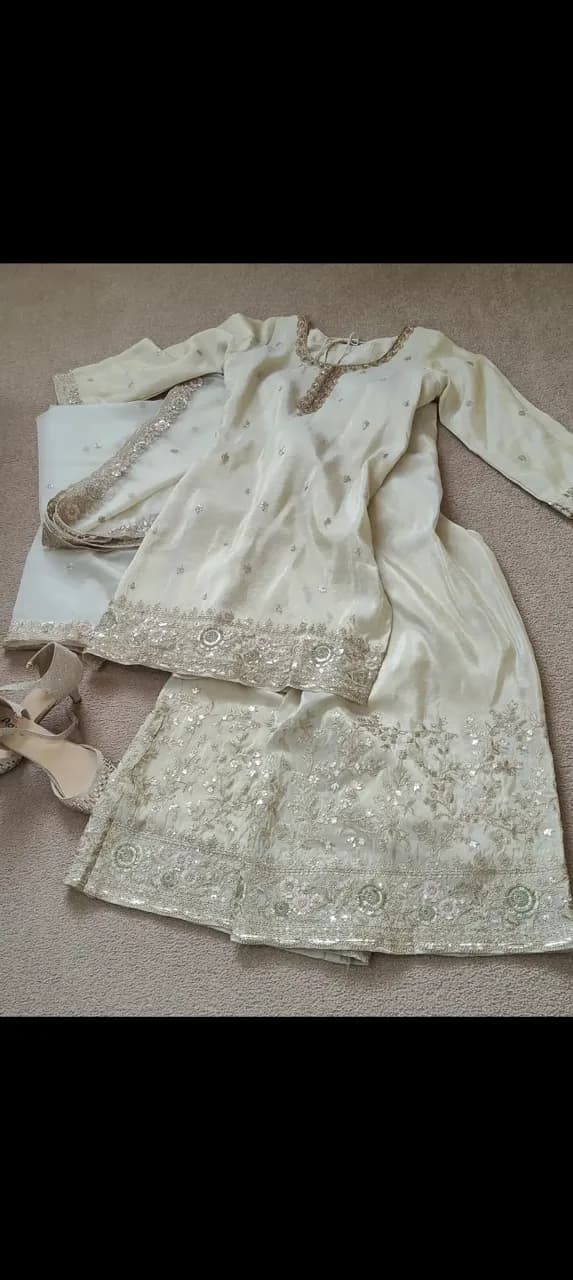 Women's Pure Tissue Silk Indian Pakistani Wedding Golden Cream Beige 3 Piece Outfit — image 1