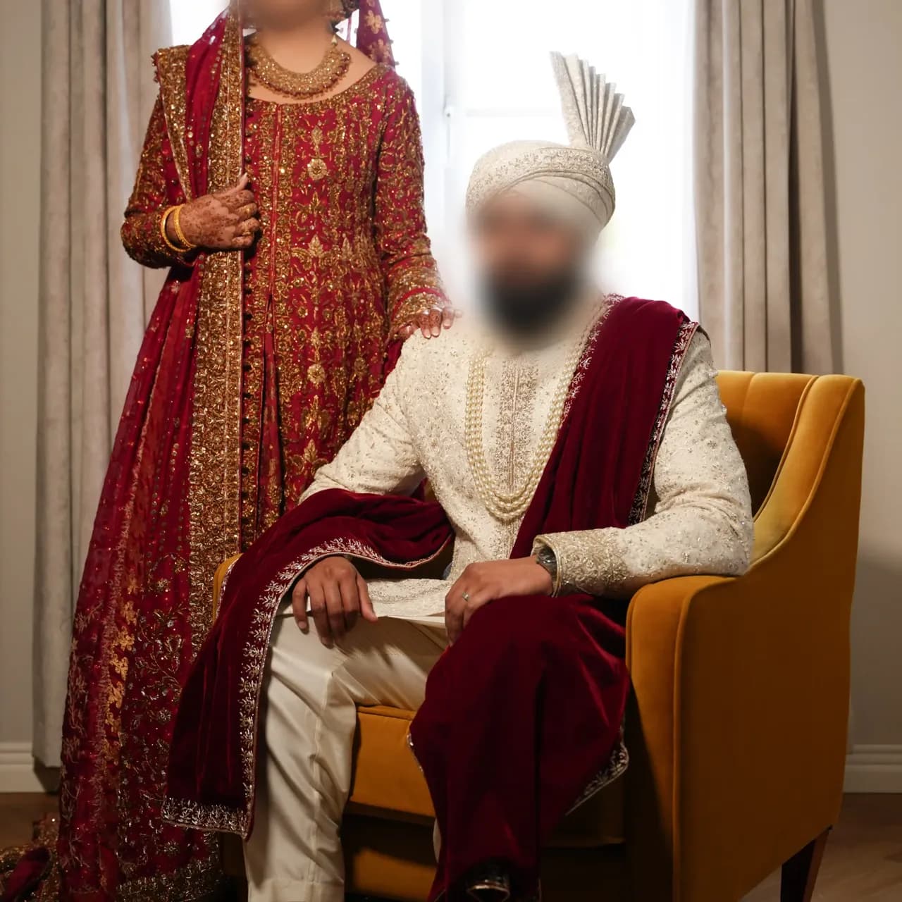 Mens Groom Sherwani Wedding Set Cream Gold Red Velvet Shawl Turban Chest 42 Asian