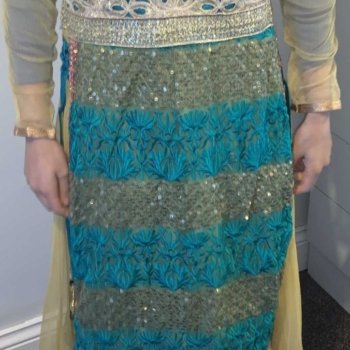 blue and beige dress