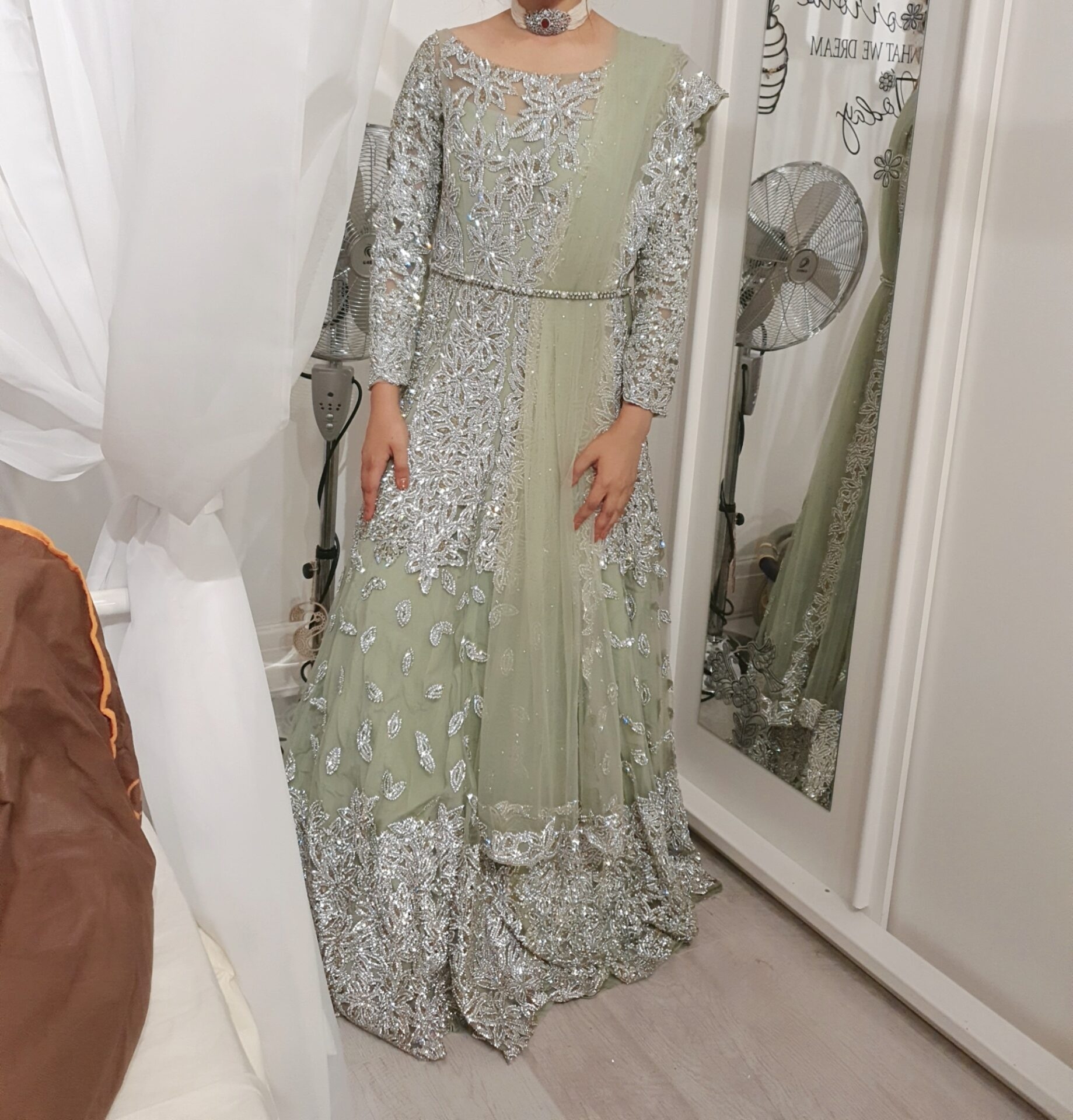 Mint green wedding Lengha with swarovski crystal work