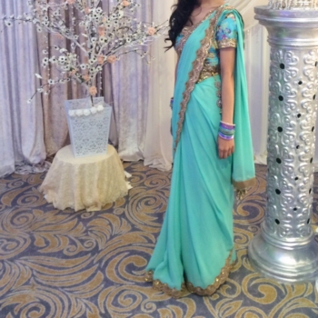 Aqua Saree with Floral Blouse