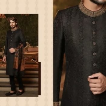 BRAND NEW NEVER WORN Junaid Jamshed Black Sherwani – With Khussa Shoes and White Inner – Size M