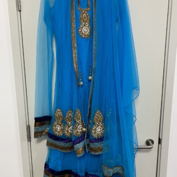 Blue anarkali work with heavy boarders