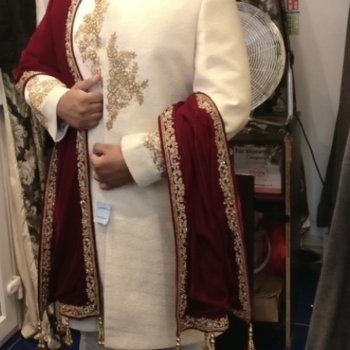 Geetas men’s wedding sherwani outfit with maroon shawl, turban and ivory shoes size 9