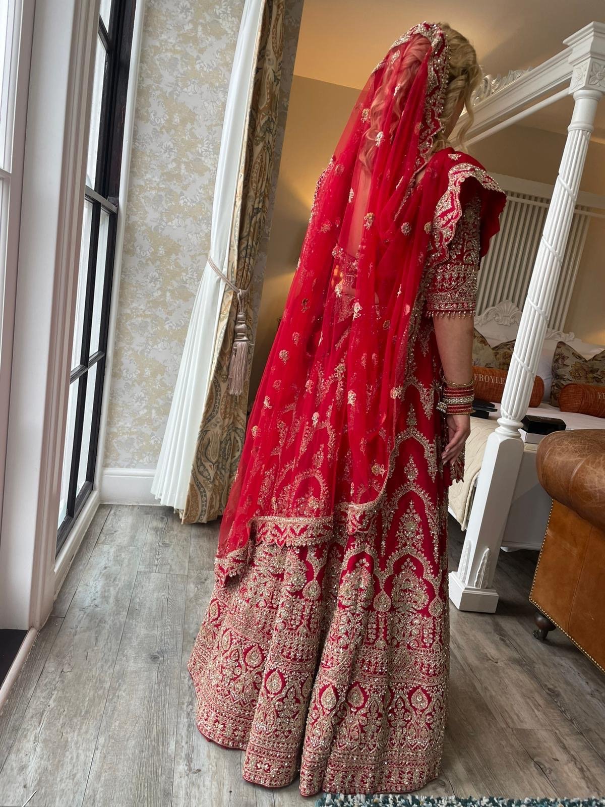 Red and gold wedding lengha