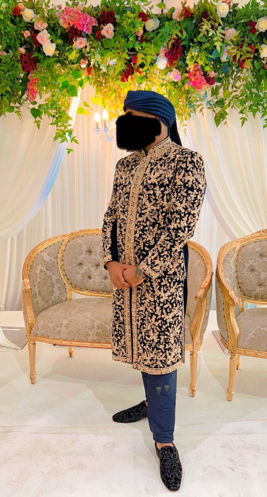 Embroidered Velvet Navy Blue Wedding Sherwani