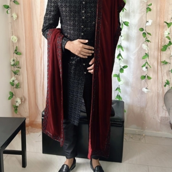 Black sherwani with velvet dupatta