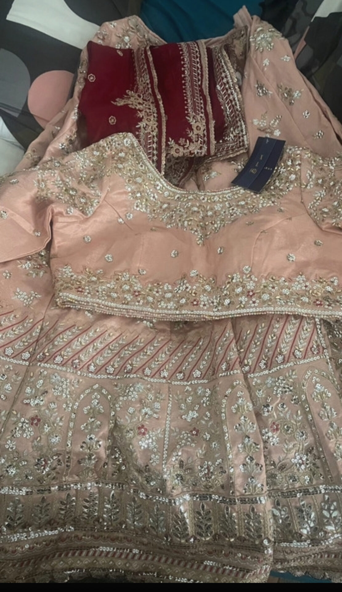 Lashkaraa Nude Pink and Red Embroidered Lehenga