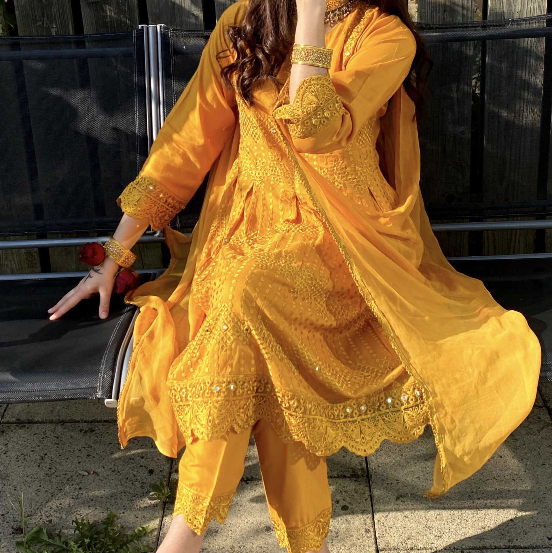 Yellow Mendhi Dress embroided