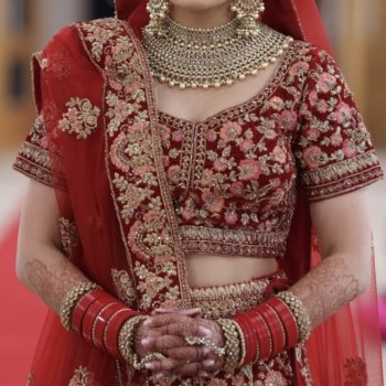 Monga’s red bridal lengha