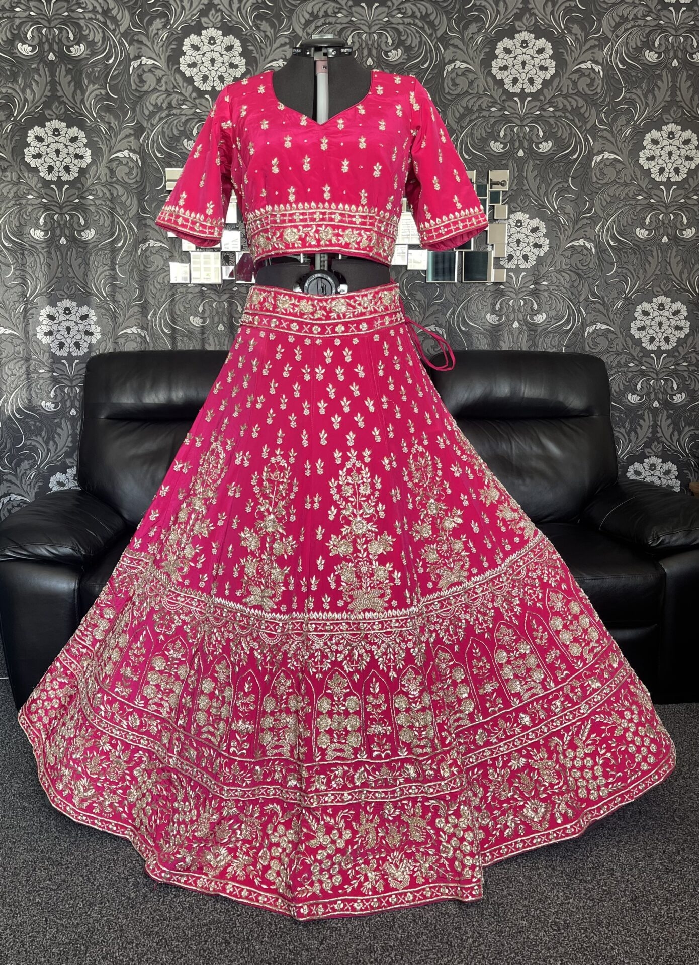 Cerise pink pure silk Reception lehenga and blouse with pure chiffon chunni and all handmade embroidery