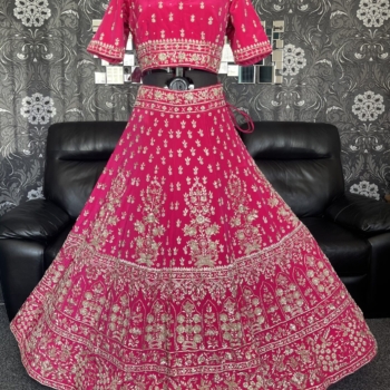 Cerise pink pure silk Reception lehenga and blouse with pure chiffon chunni and all handmade embroidery