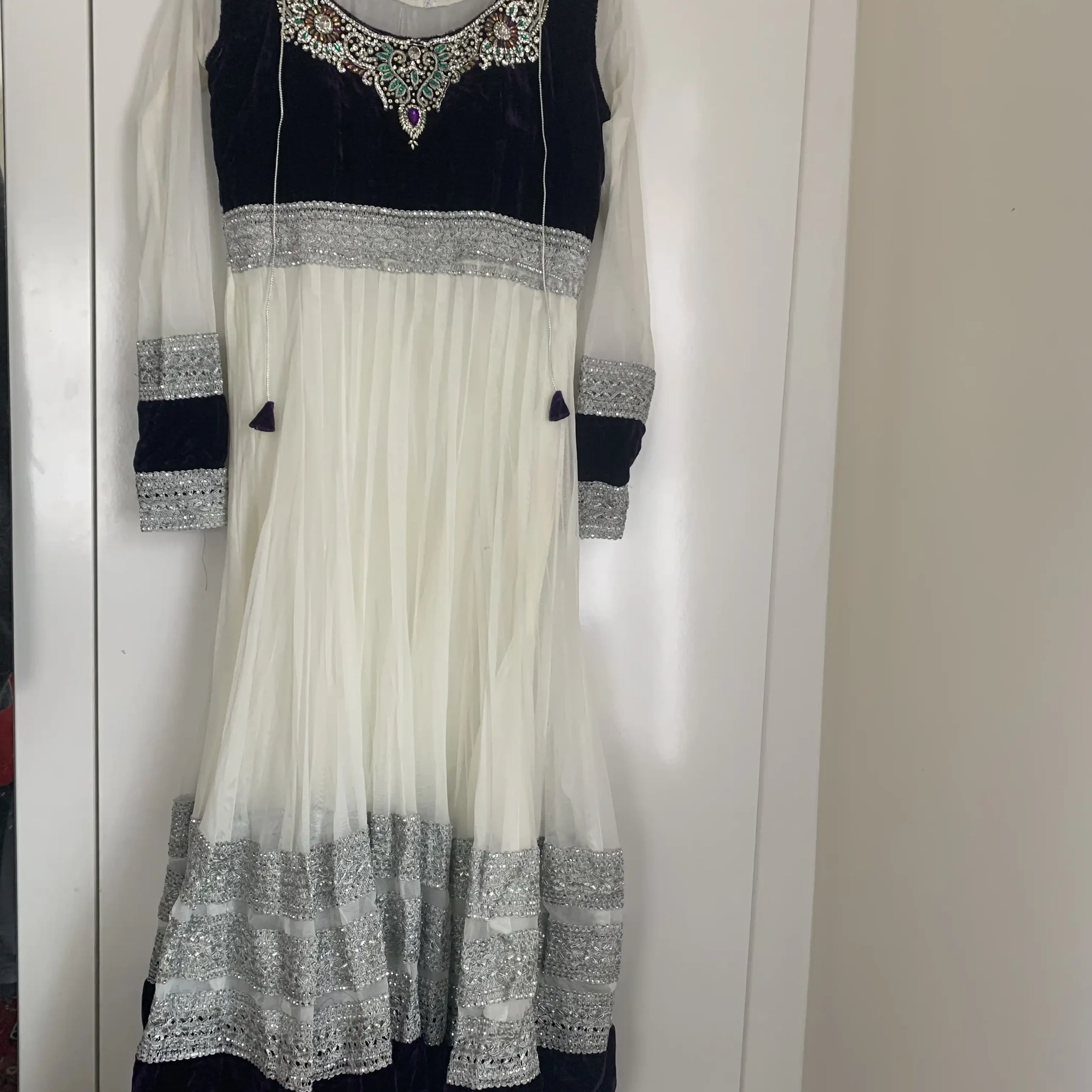 Asian purple cream heavy decorated velvet frock dress One size