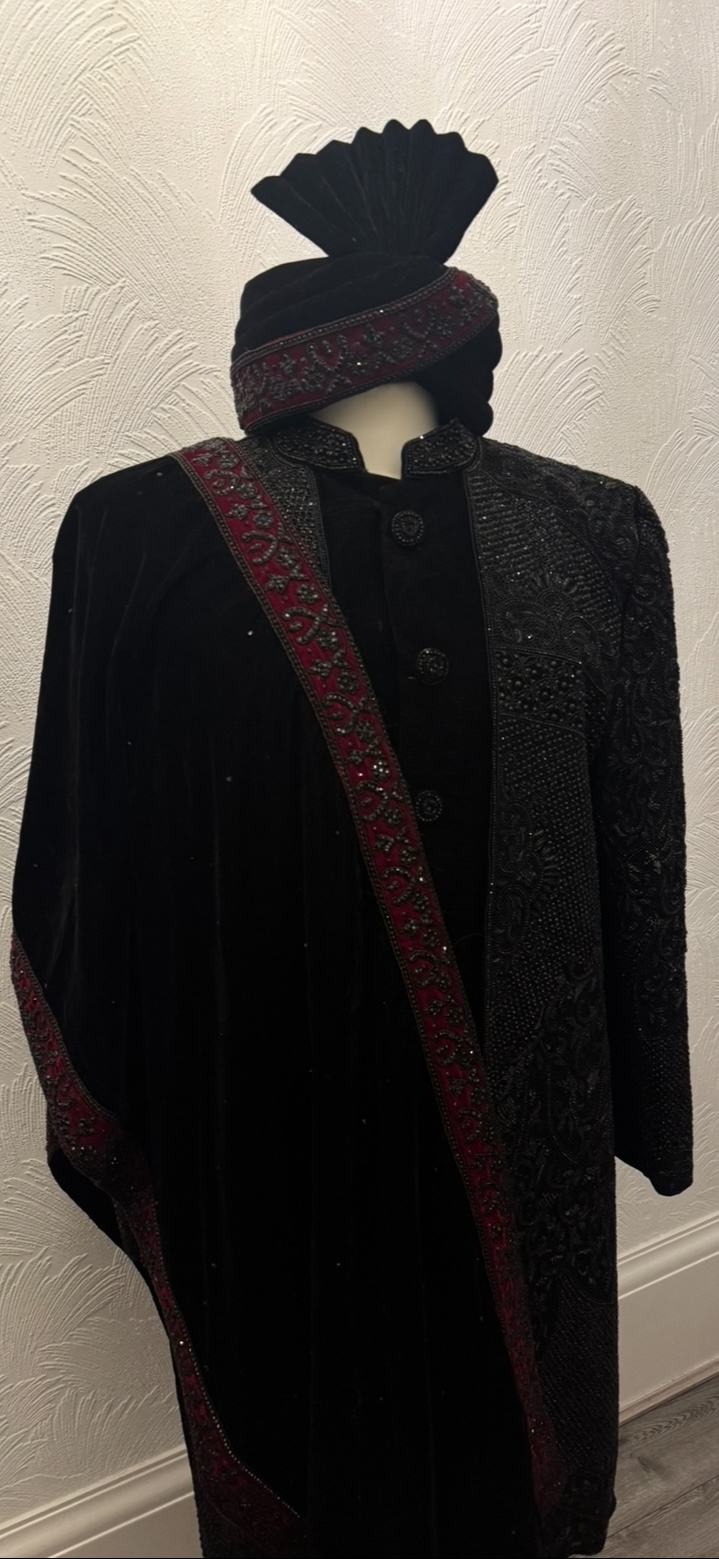 Black Maroon Sherwani Large Mens Wedding Outfit 2025 MARYAM FAISAL BRIDAL