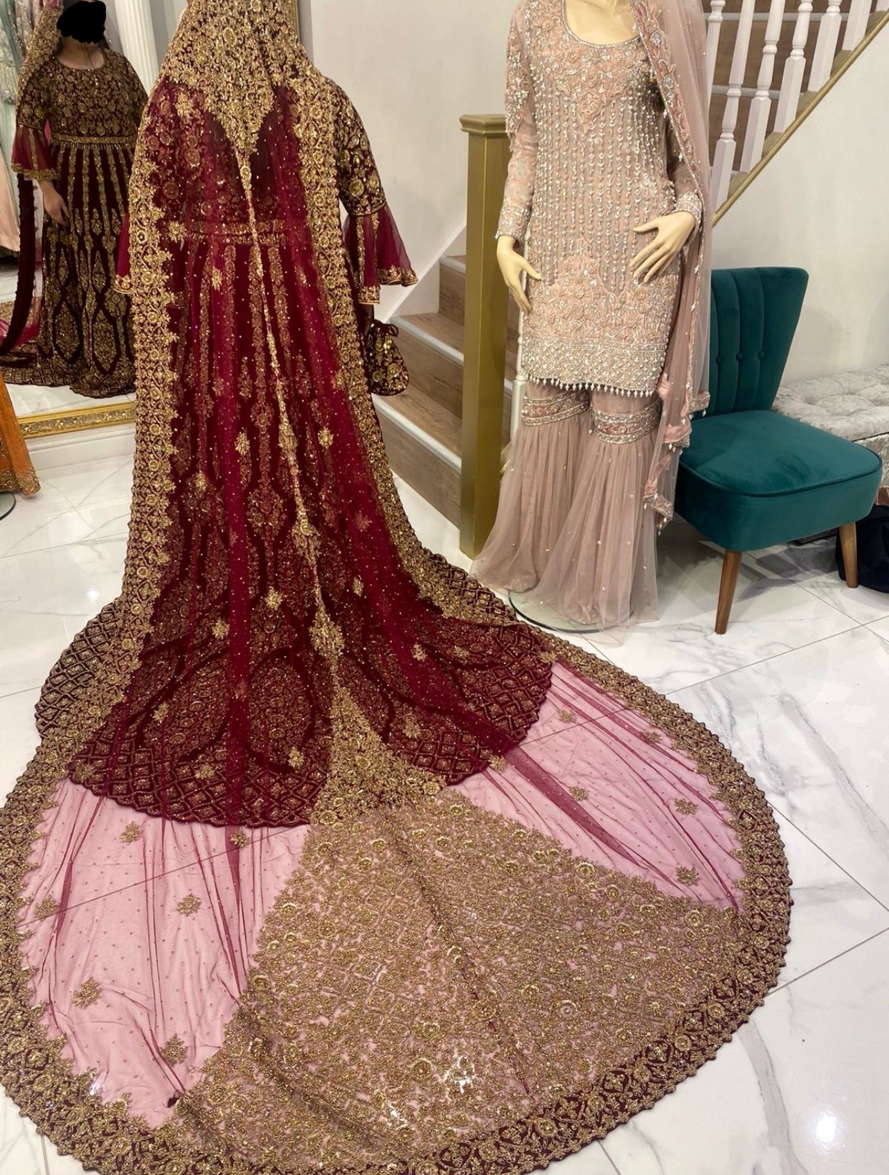 Velvet wedding dress and trail dupatta