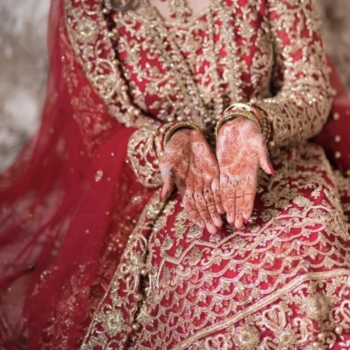 Red and gold Asian wedding lengha