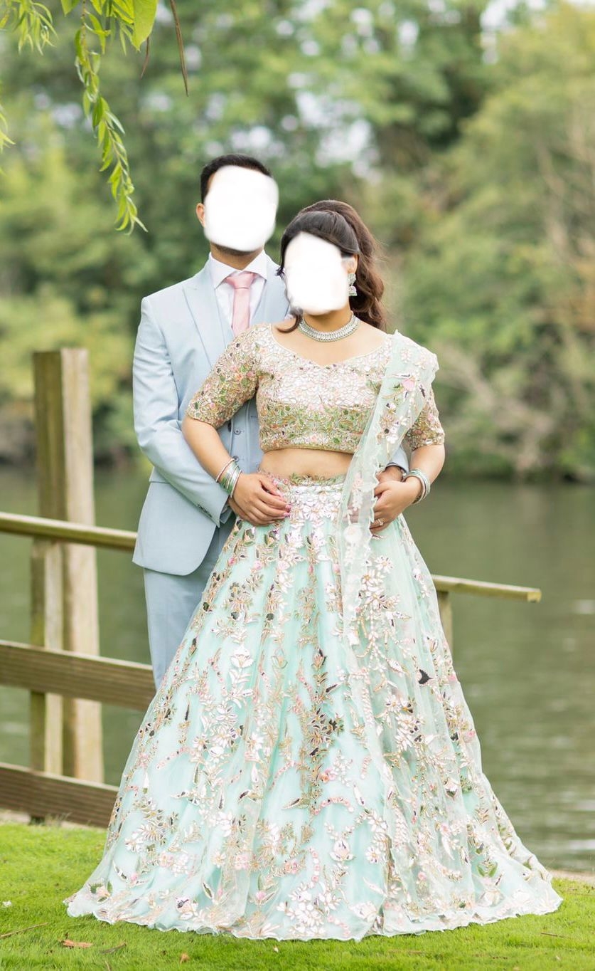 Gorgeous pastel mint green designer Tamanna Punjabi Kapoor lehenga