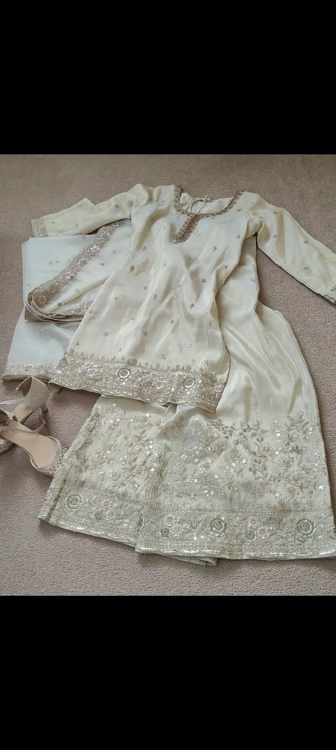 Women’s Pure Tissue Silk Indian Pakistani Wedding Golden Cream Beige 3 Piece Outfit