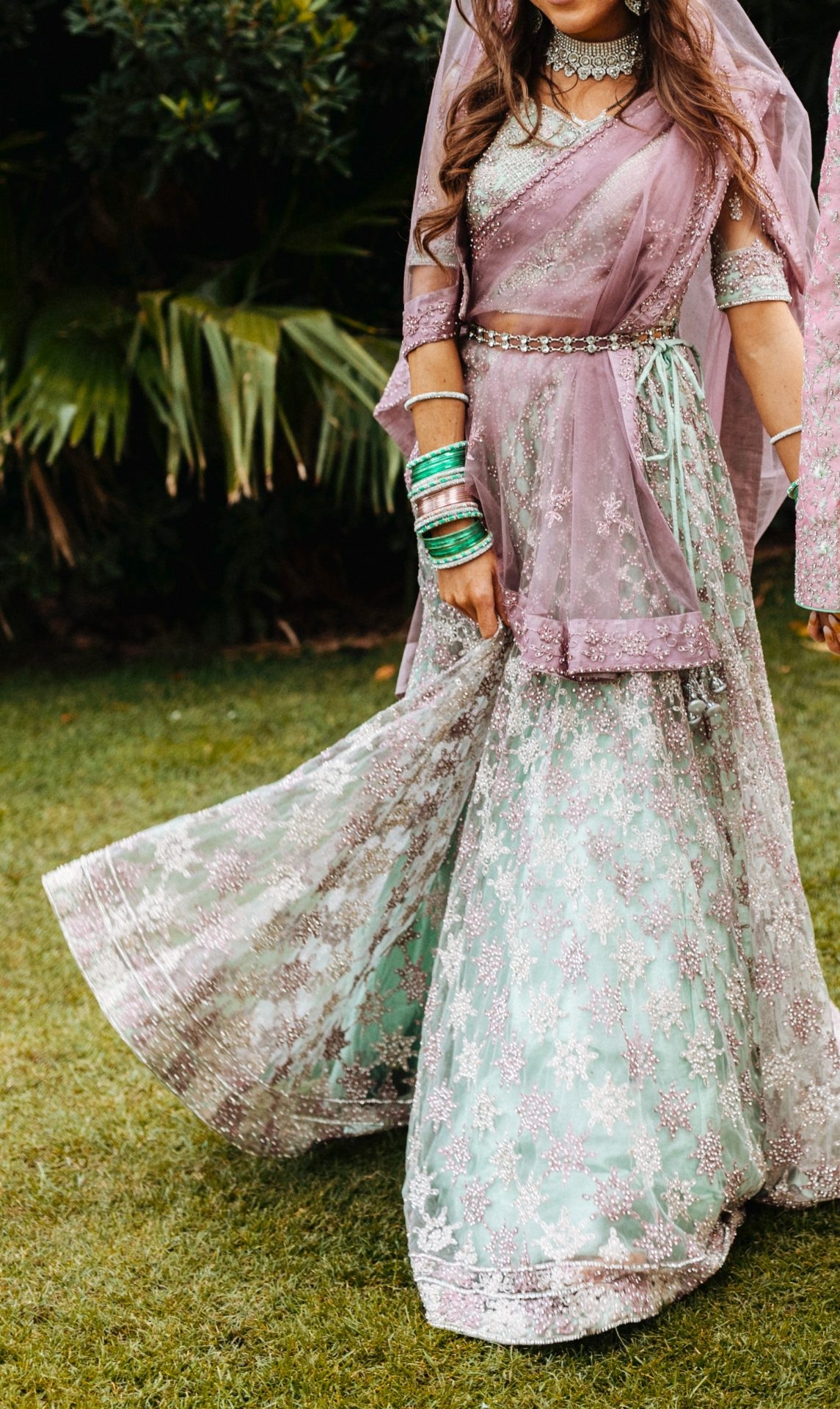 Bridal Lengha – Aquamarine, Magenta and Silver