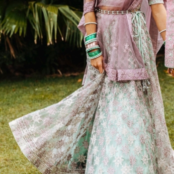 Bridal Lengha – Aquamarine, Magenta and Silver