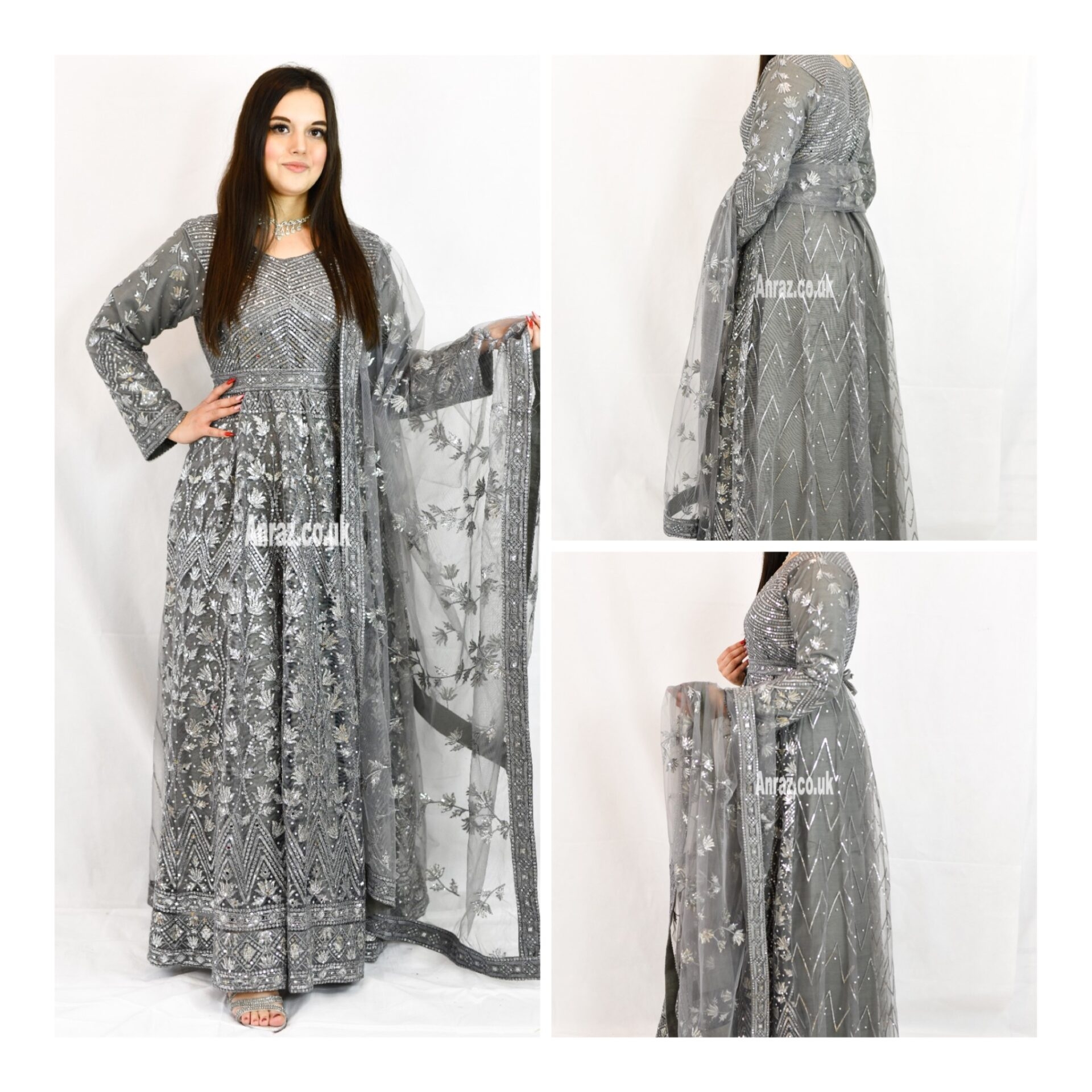 Grey Indian Pakistani Wedding Gown long dress Asian Stitched Maxi Partywear – S