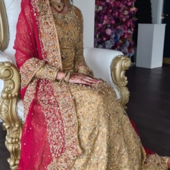 Bridal Outfit – Embroidered Gold Skirt and Top with RedDuppata