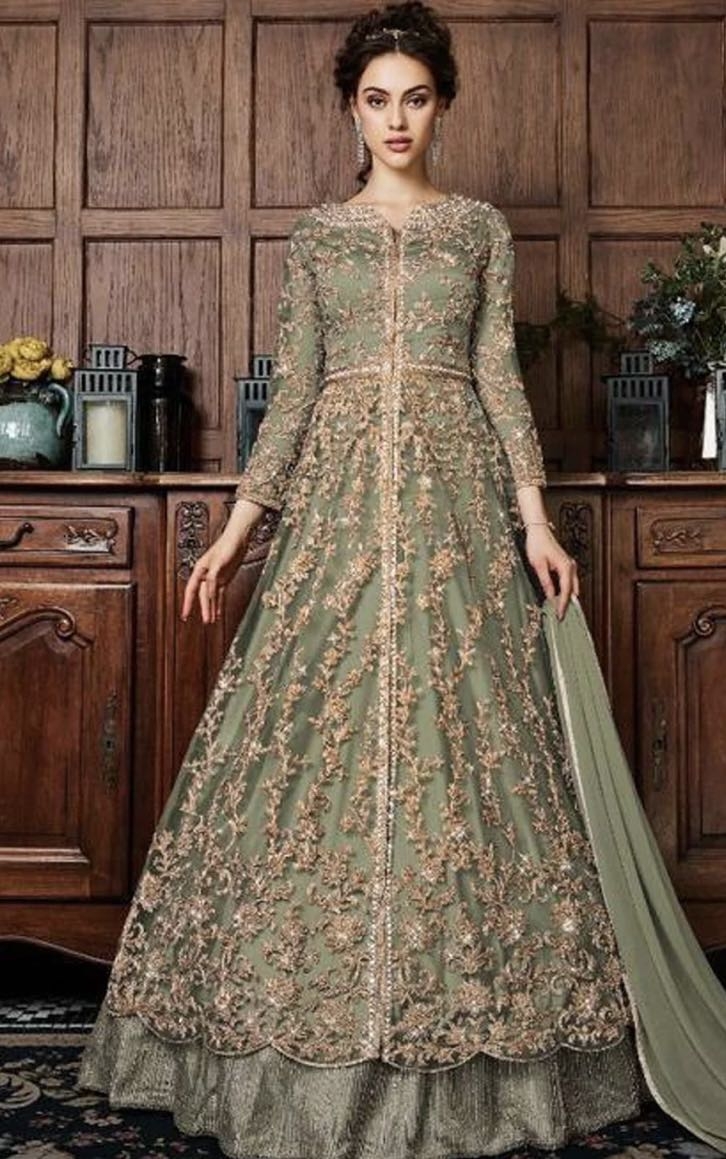 Heavily embroided khaki green dress