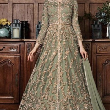 Heavily embroided khaki green dress