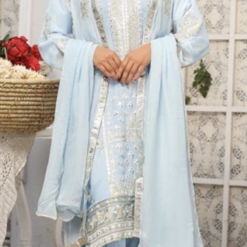 Light Blue Viscose Embroidered Jacket Style Suit Set