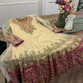 Cream Anarkali with pink flowers