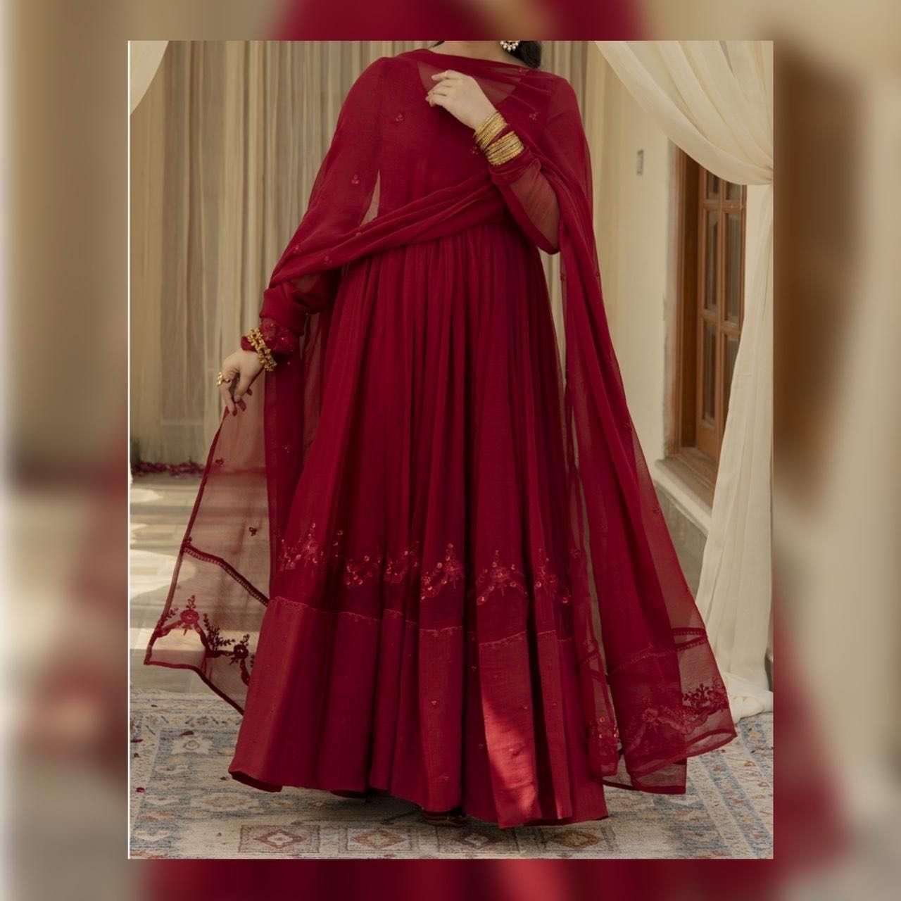 red Anarkali kaalidaar dress with matching duppata