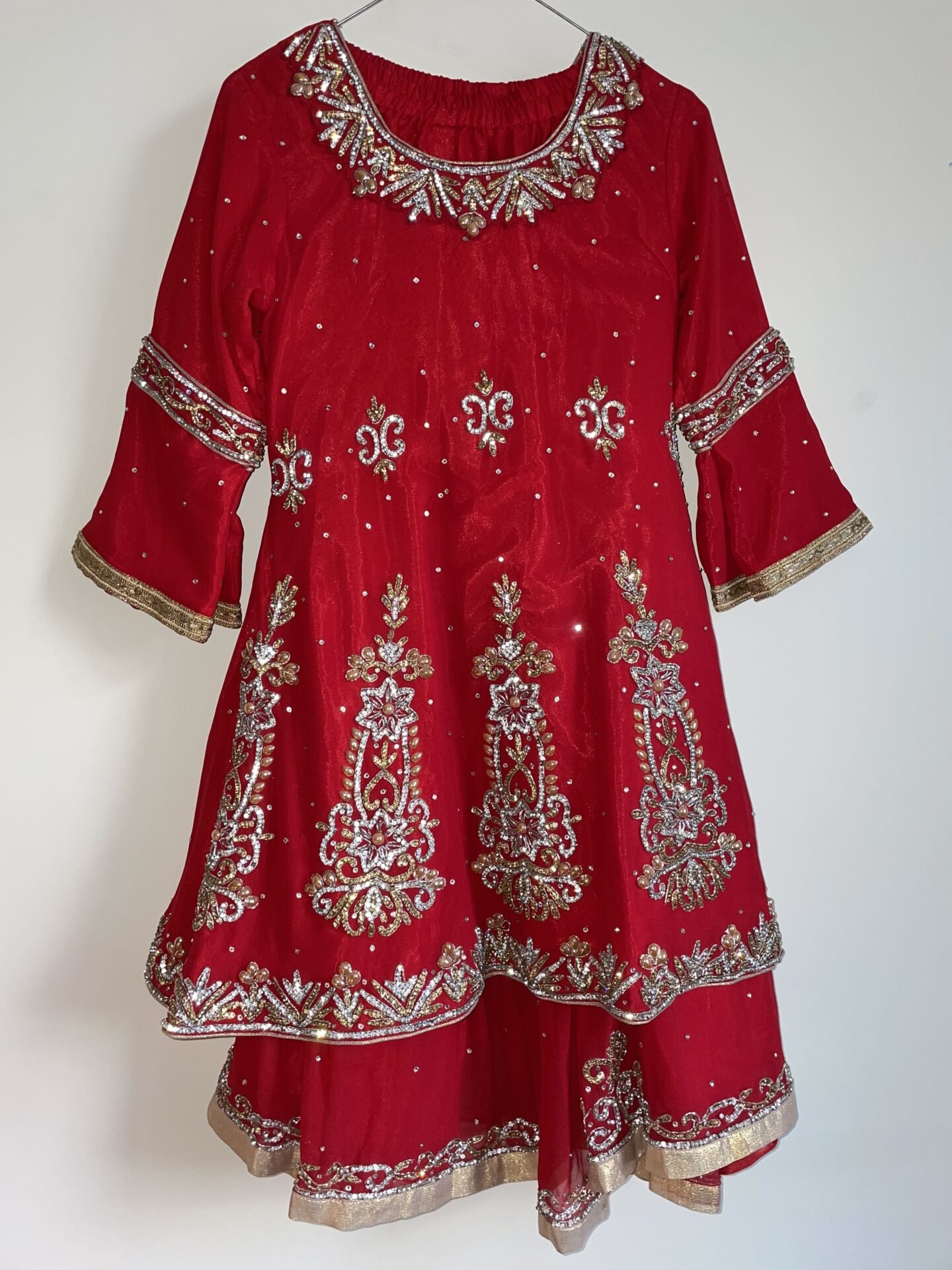 Girls 3 piece red and silver gharara