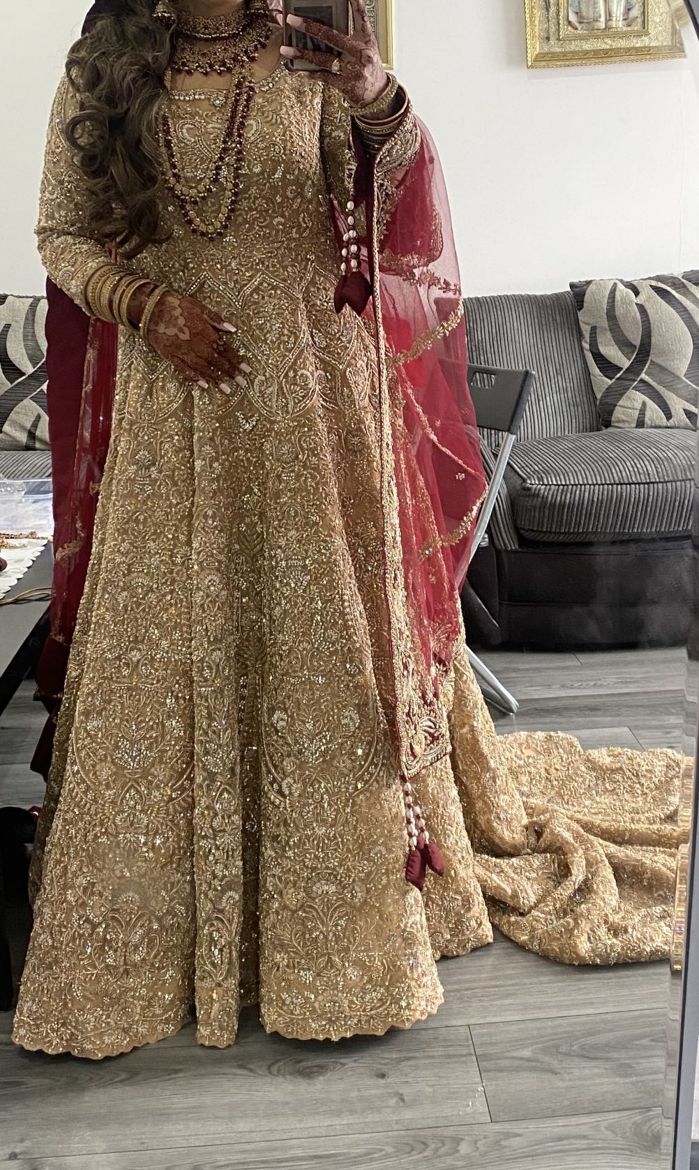 Gold Wedding Dress with Long Train, Red Dupatta and Bag
