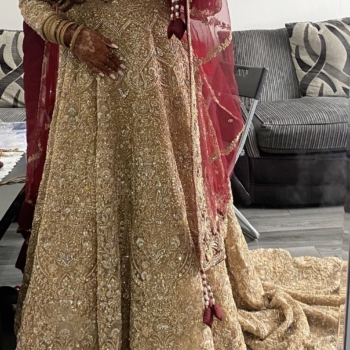 Gold Wedding Dress with Long Train, Red Dupatta and Bag