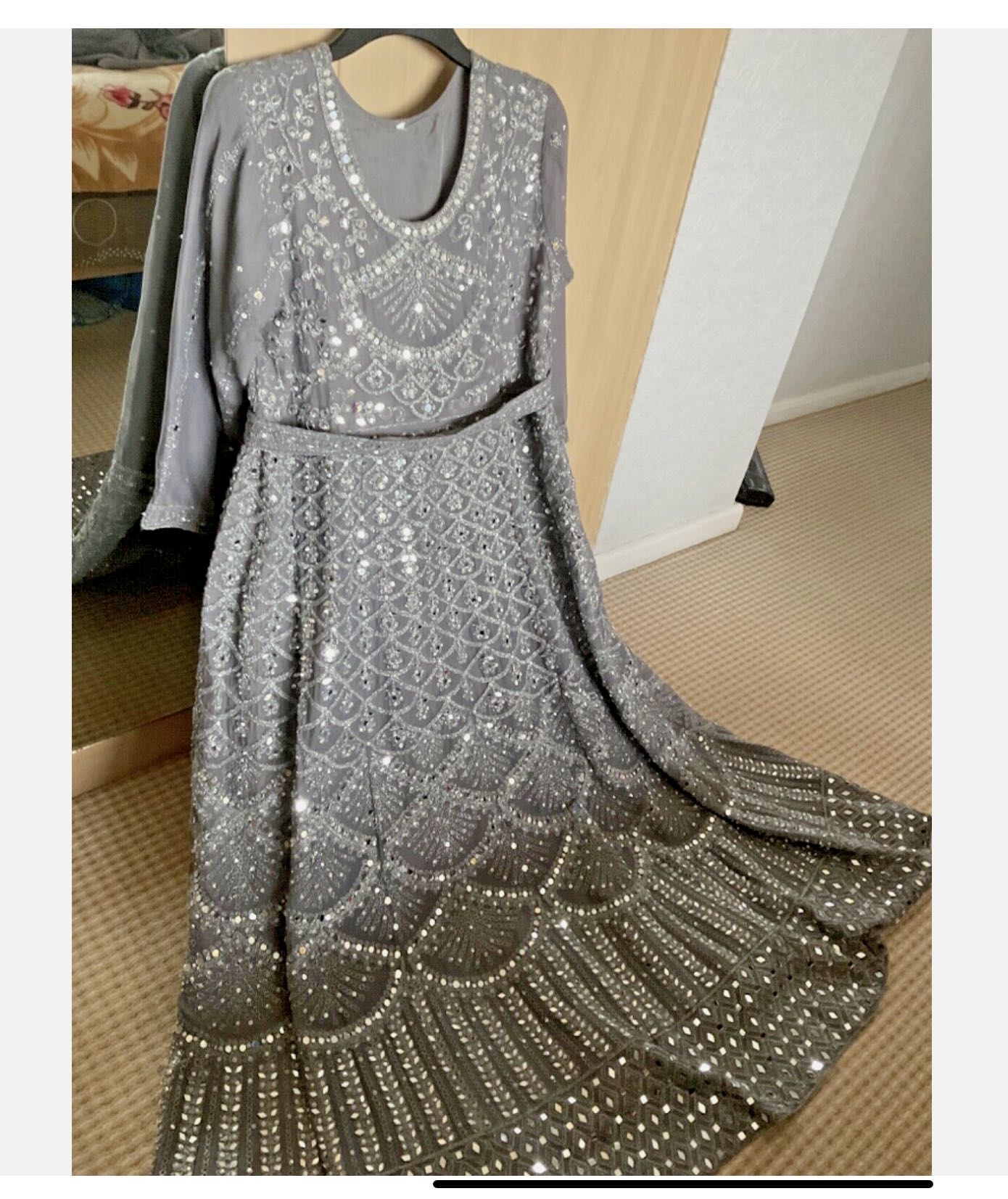 Anarkali Wedding/Party Dress with Matching Trousers&Scarf – Metallic Grey- Size Large