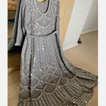 Anarkali Wedding/Party Dress with Matching Trousers&Scarf – Metallic Grey- Size Large