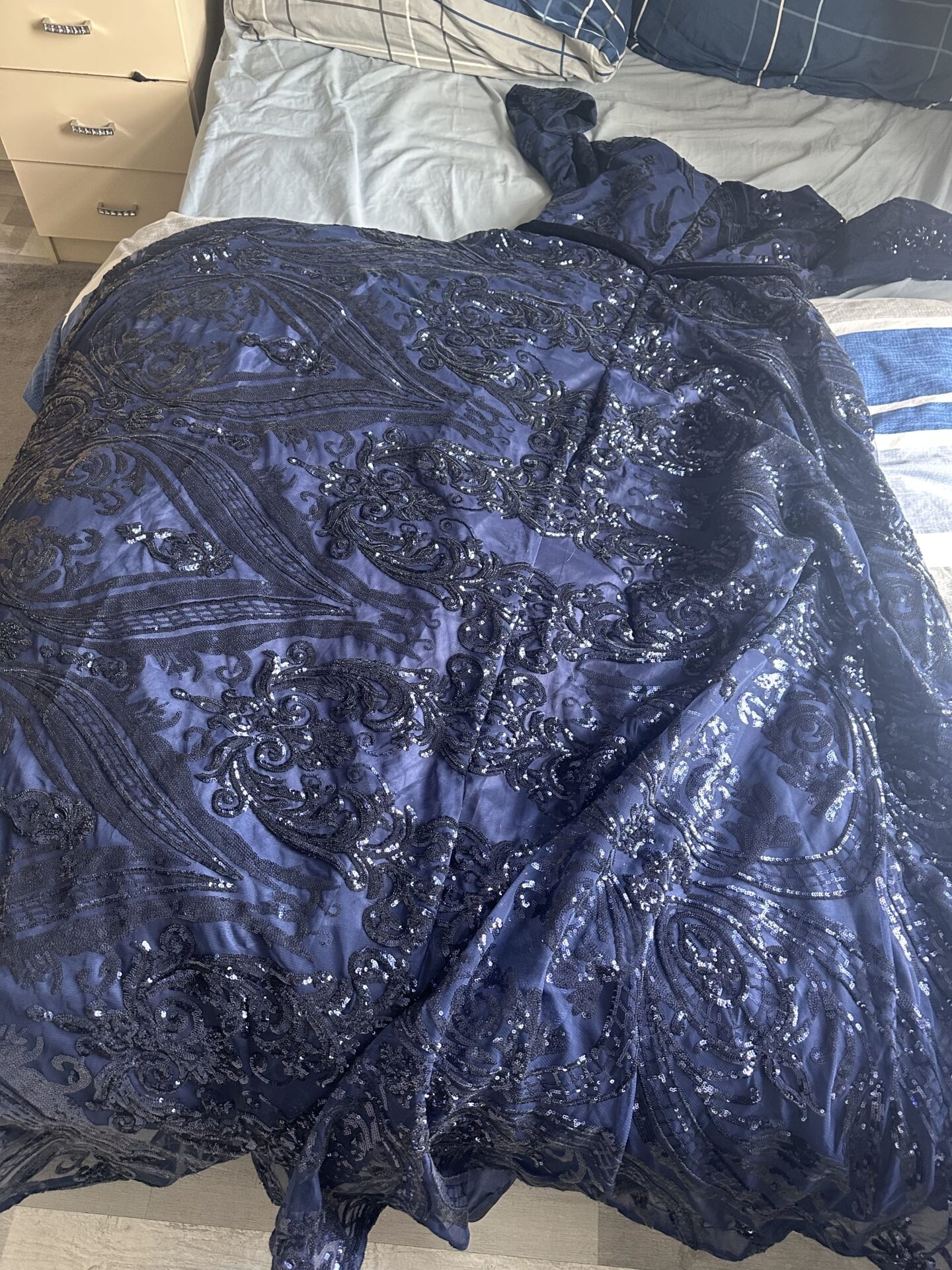 navy blue party dress with trail on net size large