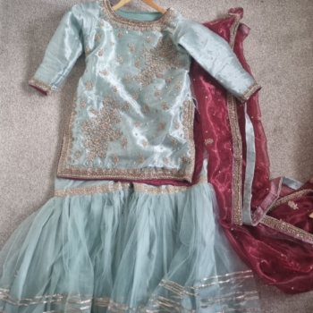 Women’s Ice blue and maroon organza Gharara