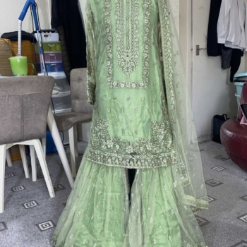 Green Embroidered Sharara 3 piece