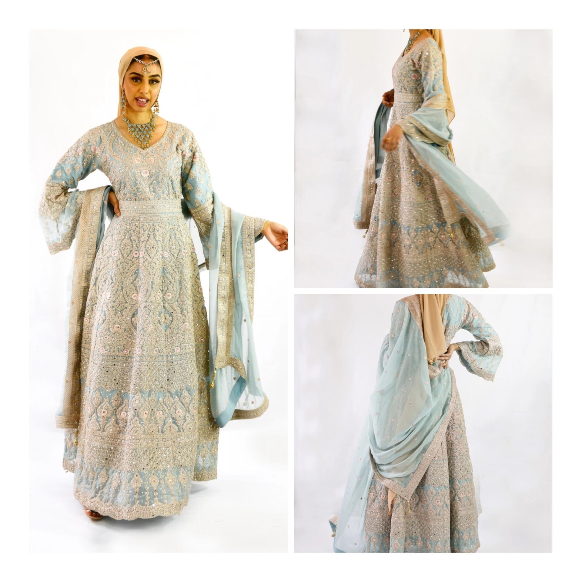 Brand New dusty Blue Asian Indian Pakistani Nikkah Bridal maxi Wedding Dress Party readymade partywear  S -M – L – XL