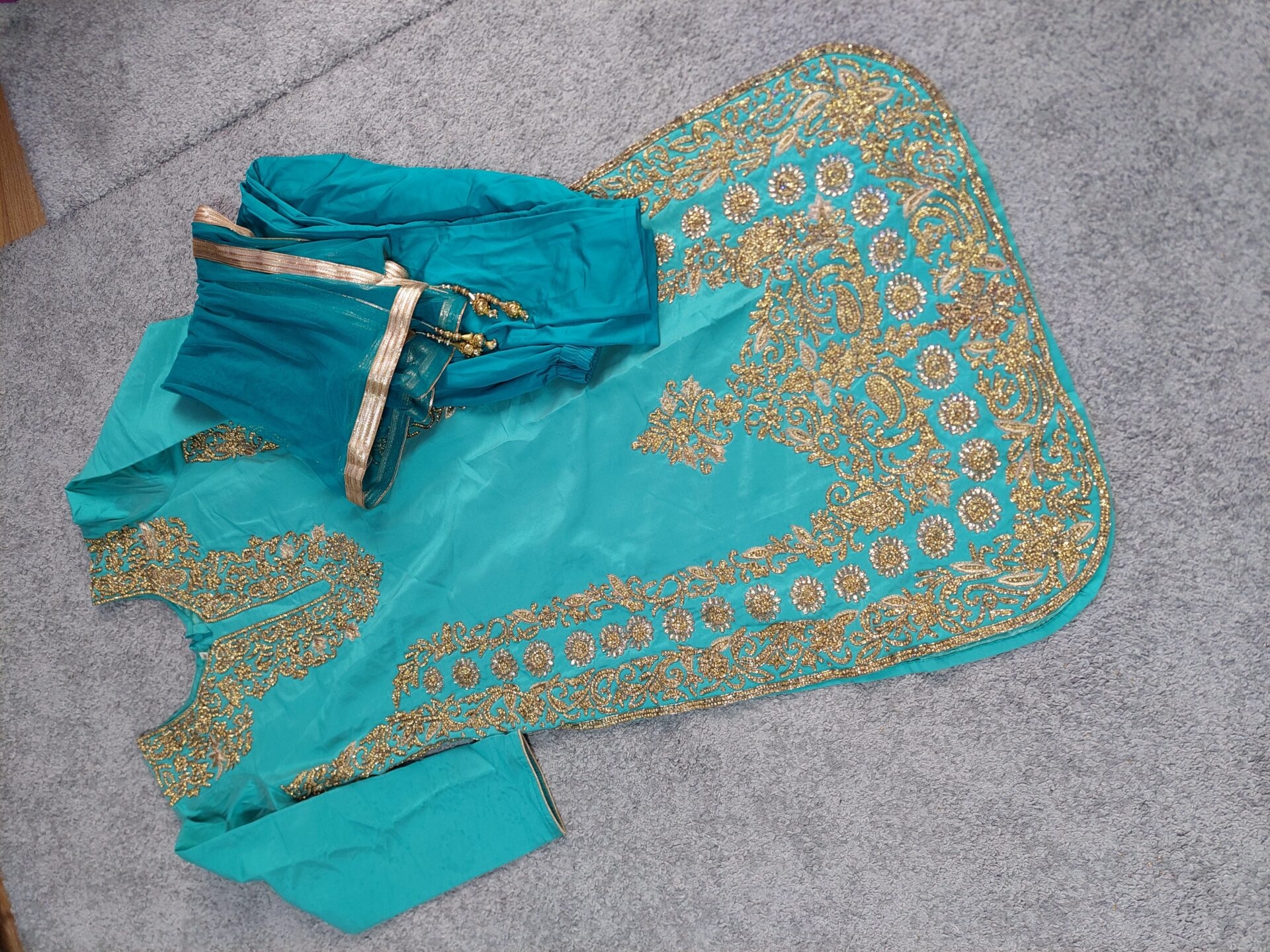 Turquoise gold design pajami suit net dupatta