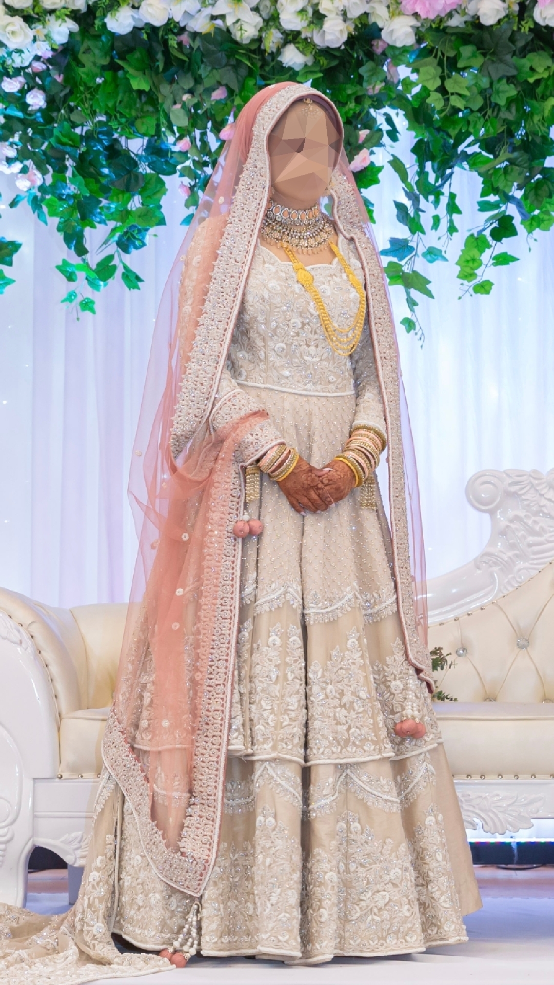 Ivory and blush pink Indian bridal wedding lengha dress