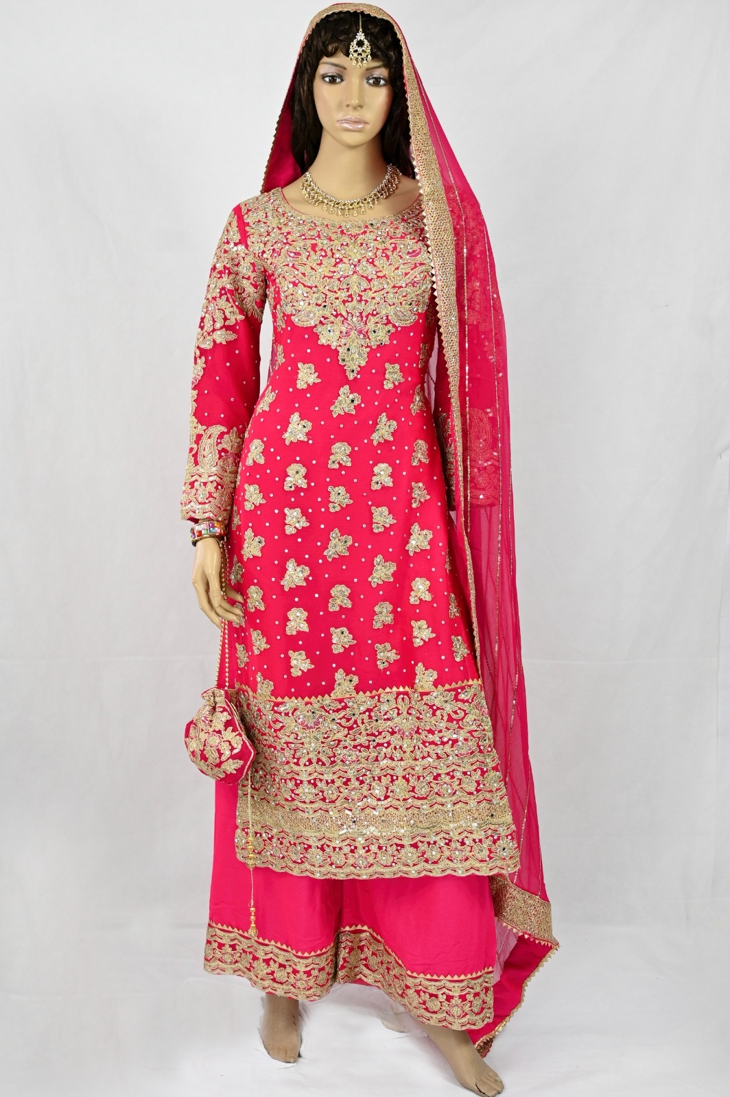 Brand New hot Pink Gold embroidered Mehndi suit with matching potli bag Pakistani Indian traditional Wedding wear BollywoodLehenga choli