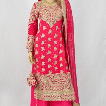 Brand New hot Pink Gold embroidered Mehndi suit with matching potli bag Pakistani Indian traditional Wedding wear BollywoodLehenga choli