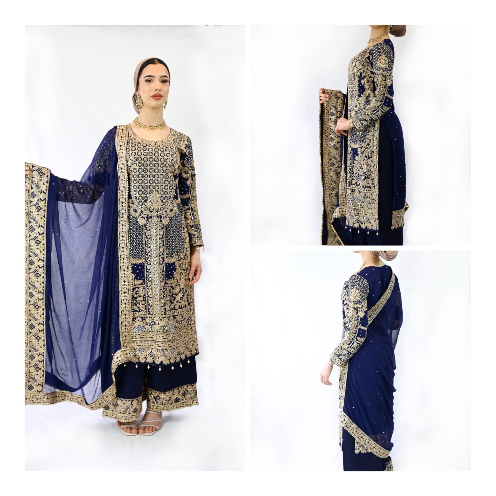 Brand New Mehndi Suit dark blue gold embroidery matching potli bag